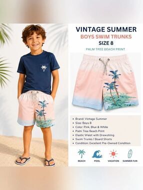 Vintage Summer Boys Swim Trunks Size 8 Palm Tree Beach Print Board Shorts